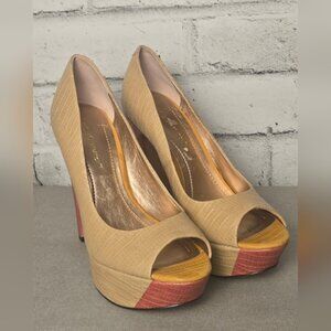 BCBGeneration Two Tone Platform Peep Toe Heels Tan Red Size 7